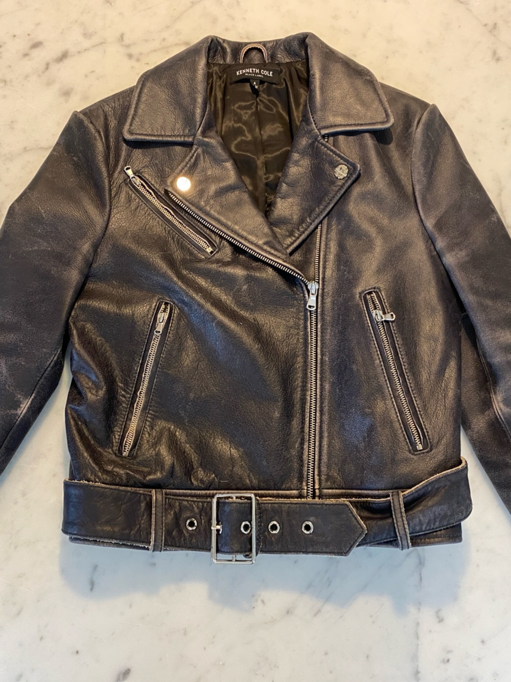 Kenneth Cole Womens Navy Genuine Leather Belted Moto Jacket
